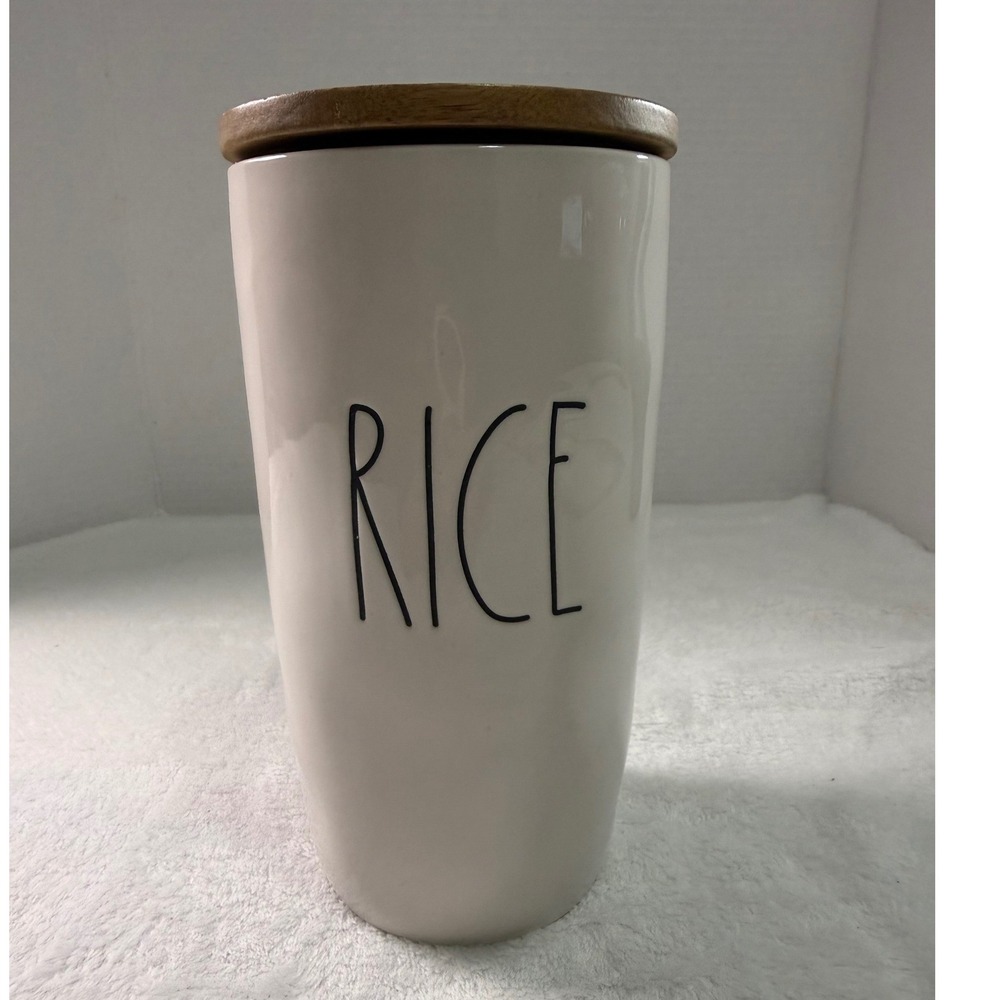 Rae Dunn‎ Ceramic Tall Rice Canister with Wooden Lid Kitchen Storage Dimpled 202